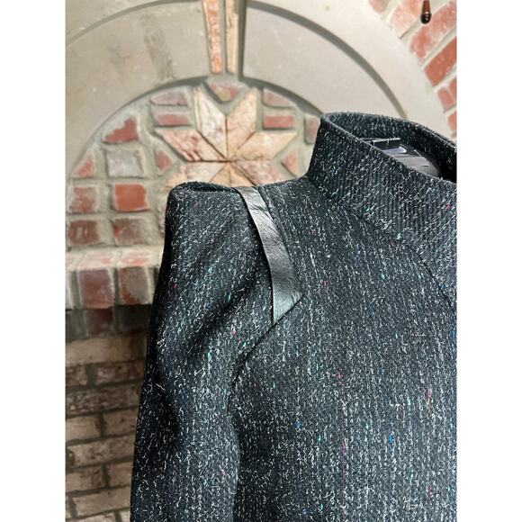 Coat wool charcoal teal pink blue high neck leather trim - Picture 6 of 14